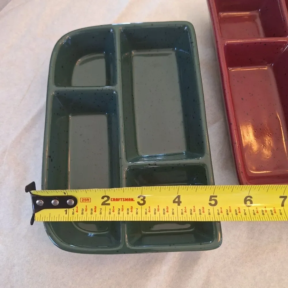 TWO Glazed Stoneware Trays with Four Compartments Sushi Condiments Divided Plate
